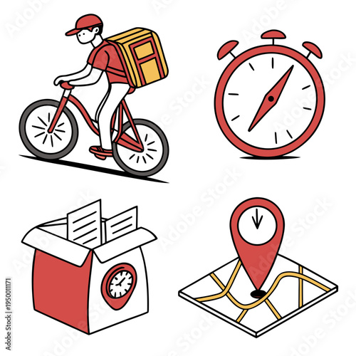 Food delivery cyclist and logistics icons with bicycle courier