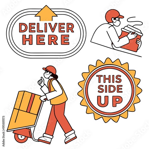 Delivery person icons: masked worker, coffee, cart, and signage