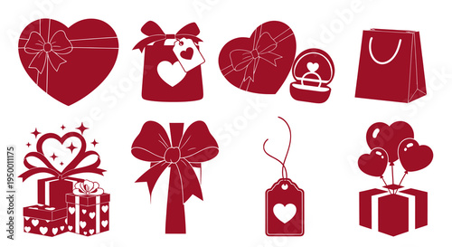 Valentine's Day Gift Icons: Heart Box, Ring, Bag, Present, Tag, Balloons