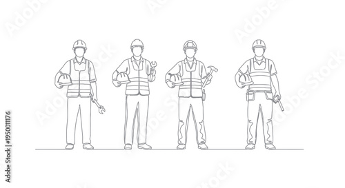 Construction Workers Line Art - Men Holding Helmets  Tools, Vector