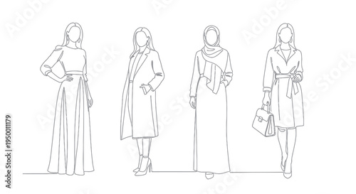 Black and white line art fashion women standing with dresses and coats