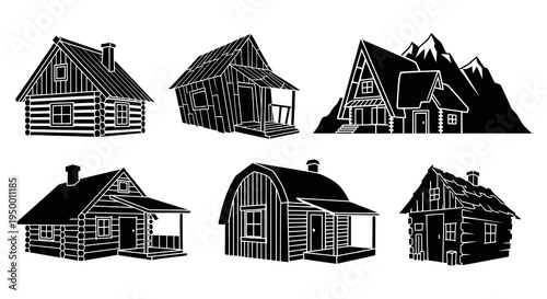 Black  White Line Art Log Cabins and Mountain Houses Vector Set