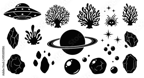 Sci-Fi Icons: UFO, Saturn, Alien, Asteroids, Stars - Black Glyph Art