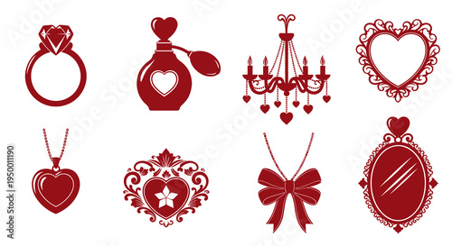 Red Valentine's Day Romantic Icons Set: Ring, Perfume, Chandelier, Heart Frame