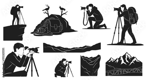 Black  White Vector Art of Photographers in Nature with Cameras and Backpacks