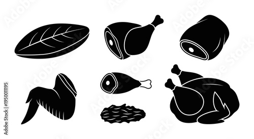 Black  White Glyph Icons of Raw Meat and Poultry, Vector Food Symbols
