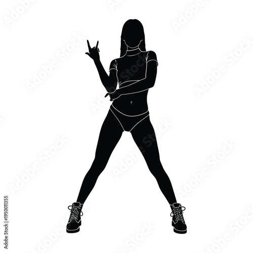 A woman in a provocative pose wearing a bodysuit and boots makes a gesture with her hand.