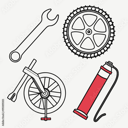 Bicycle repair tools: wrench, sprocket, pump, and wheel, bicycle parts