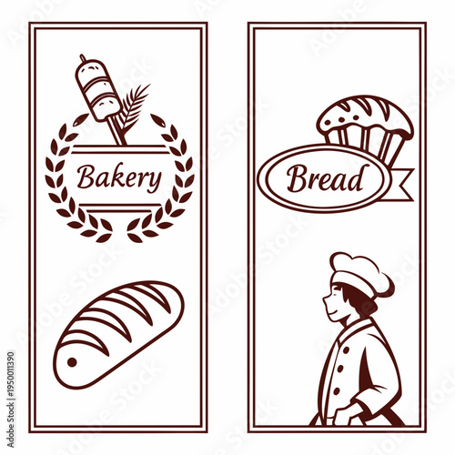 Bakery and bread icons with chef and laurel wreath with food industry