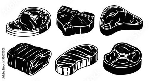 Black and white illustration of assorted raw meat steaks, food icon