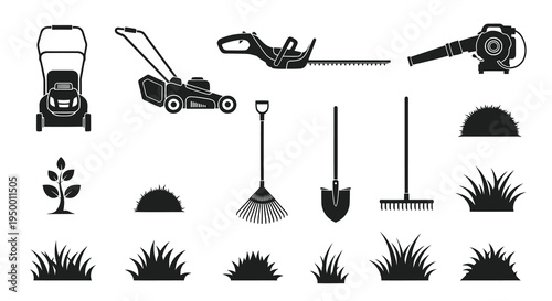 Black  White Glyph Icons of Gardening Tools and Plants