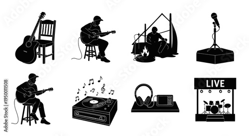 Music Icons Set, Black  White Guitar, Microphone, Stage, Record Player