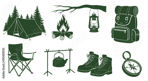 Camping Equipment Set - Green Icons on White, Vector Stock