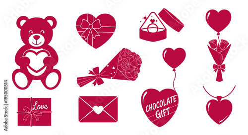 Valentine's Day Icons - Heart, Teddy Bear, Gift Box, Ring, Flowers, Balloon