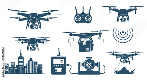 Drone Technology Icons: Quadcopter, Remote, Cityscape, Camera