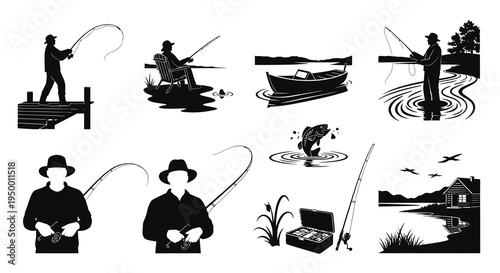 Fishing Icons Set, Black and White Vector Graphics