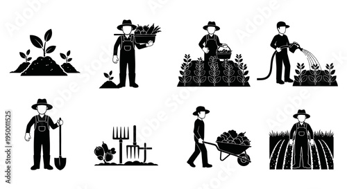 Farming Icon Set: Farmers Planting, Harvesting, Watering, and Working