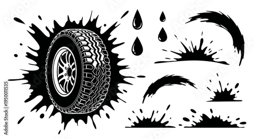 Black and White Tire Splashing Mud Vector Art