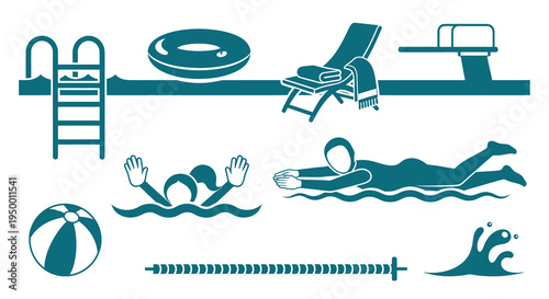 Swimming Pool Icons Set: Ladder, Inflatable Ring, Diver, Swimmer, Ball