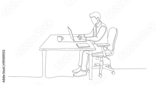 Man working on laptop at desk, business, line art, office concept