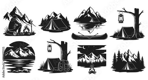 Black and White Camping and Hiking Vector Icons: Tents, Mountains, Campfire, Canoe