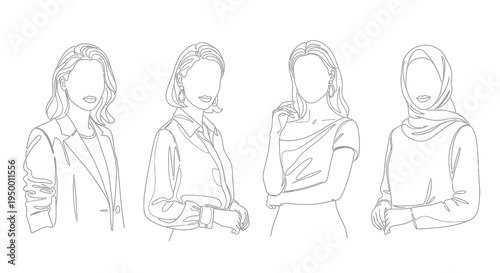 Line Art Business Women Diversity Silhouette Isolated White Background