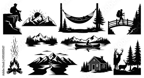 Black  White Silhouette Vector Graphics of Outdoor Adventure  Nature