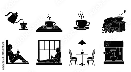 Coffee Icons: Pour Over, Hot Cup, Beans, Grinder, Espresso Machine, Cafe Seating