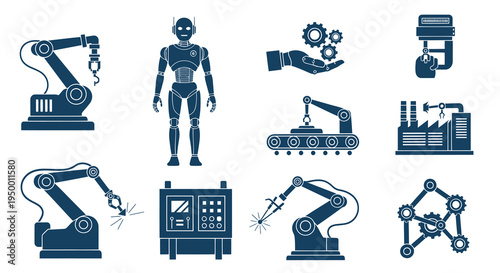Flat Design Icons of Robotic Arms, Factory, Robot and Gears