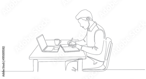 Person writing at desk with laptop, coffee cup, line art