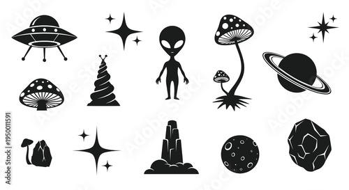 Black and White Space Icons: UFO, Alien, Mushrooms, Planet, Asteroid