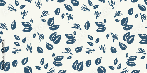 Seamless vector pattern with stylized blue leaves scattered on a light background. Minimal botanical texture ideal for fabric, wallpaper, wrapping paper,  stationery and modern web backgrounds