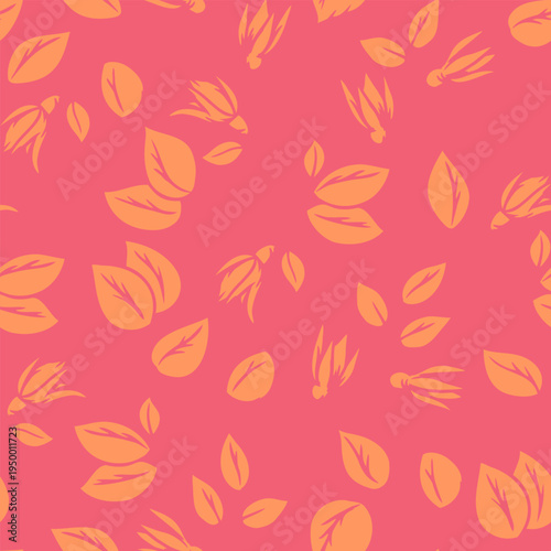 Seamless botanical pattern with scattered leaves on coral pink background. Minimal decorative nature texture in warm orange tones ideal for textile, fabric print, wallpaper, wrapping paper