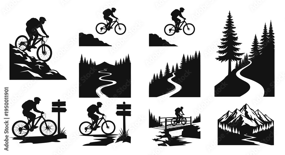 Obraz premium Black White Silhouette Mountain Biking Scene Vector Art