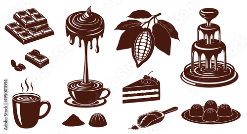 Delicious Chocolate Icons: Food, Sweets, Treats, Pastries, Cocoa, and Drinks