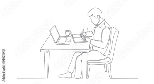 Line Art of Person Working at Desk with Laptop and Coffee