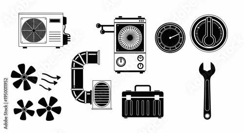 HVAC Icons: Air Conditioner, Fan, Thermometer, Wrench, Toolbox - Glyph Art