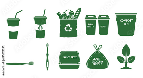 Green Recycling Icons: Eco-Friendly Lifestyle, Sustainability, Waste Management