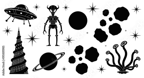 Black  White Vector Icons: UFO, Alien, Planet, Spaceship, Asteroids, Alien Plant