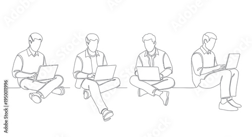 Line Art of Four Men Sitting on Floor Using Laptops