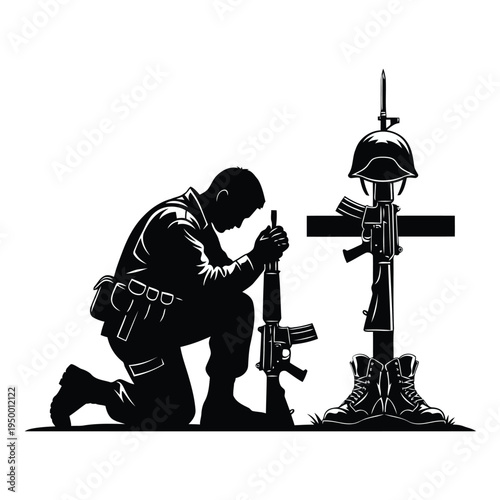 Soldier kneels in reverence beside a rifle and memorial cross adorned with helmet