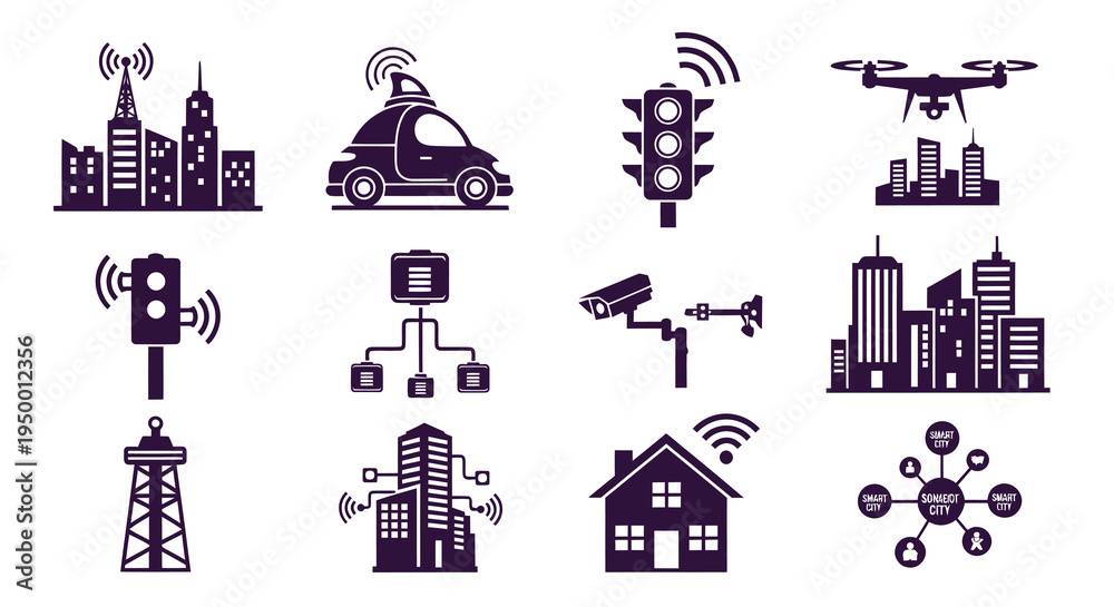 Fototapeta premium Smart City Icons - Technology, Transportation, Infrastructure, IoT, Glyph Style