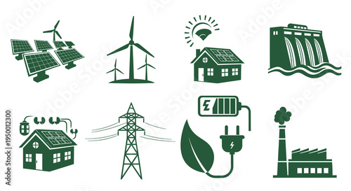 Green Energy Icons: Solar, Wind, Hydro, Battery, Factory, House, Power Line