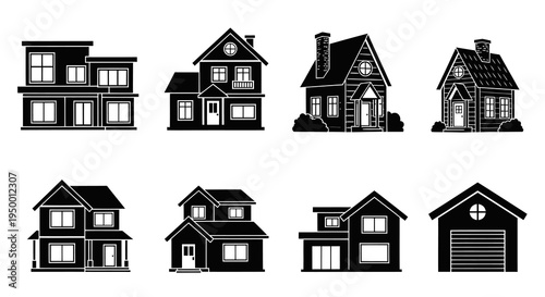 Black  White Glyph Icons of Various Houses, Real Estate Vector Art