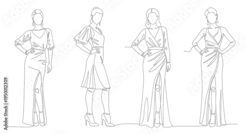 Elegant Women Fashion Line Art: Evening Gowns, Runway Style