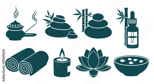 Spa and Wellness Icons: Zen Stones, Bamboo, Incense, Oil, Flower, Bowl, Towels