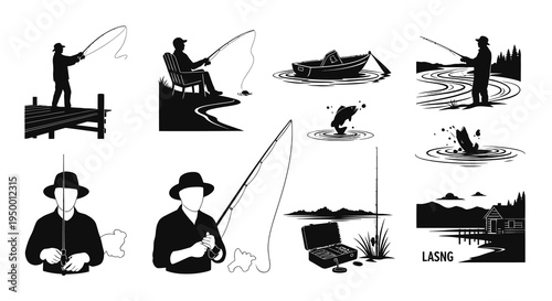 Fishing Black and White Line Art Vector Icons