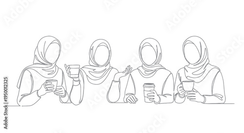 Minimalist Line Art of Four Women in Hijab Enjoying Coffee