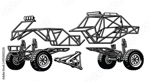 Black and White Line Art Illustration of Off-Road Buggy Chassis and Parts