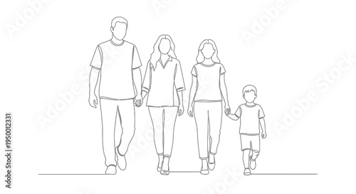 Black and White Line Art Family Walking Together